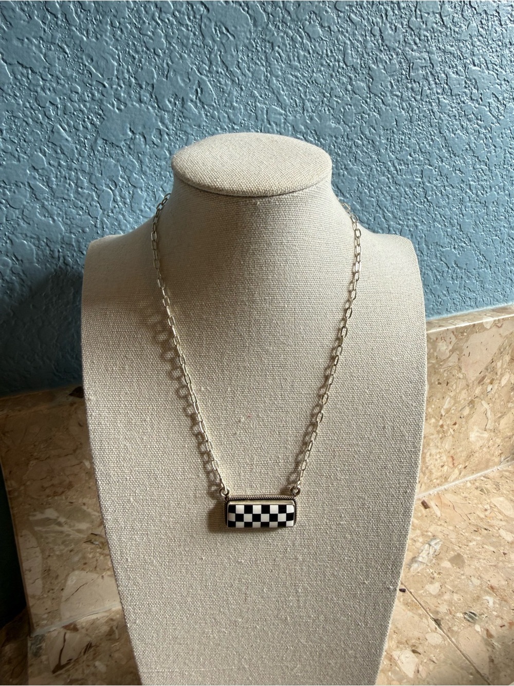 Just Be Hipie Checkerboard Sterling Silver Necklace NWOT